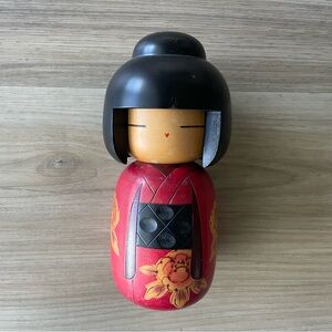Vintage Japanese Handcrafted Red Kokeshi Doll signed collectible